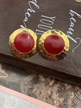 Vintage Red Cabochon Earrings Gold Tone Retro Statement Studs